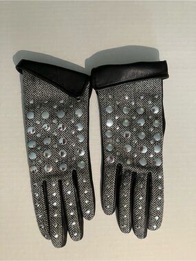 Herringbone Studded Leather-Trim Gloves - Black/Gray